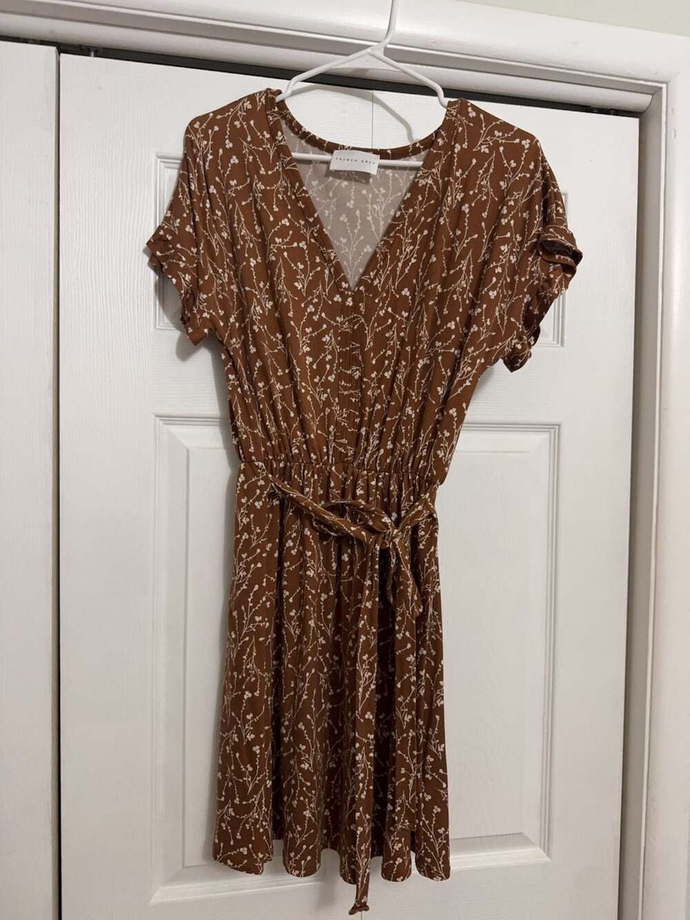 French Grey Brown Floral Print V-Neck Midi Dress with Tie Waist